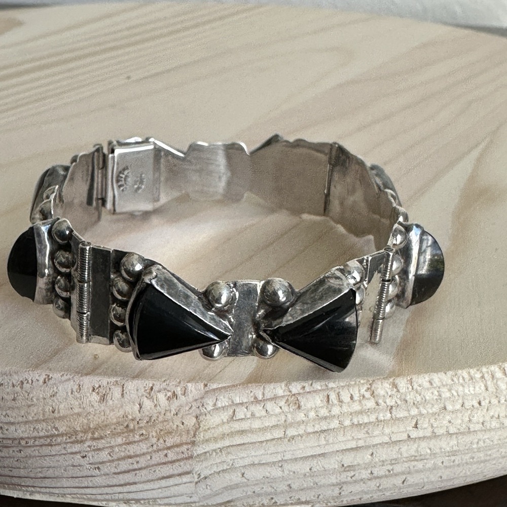 VTG Taxco Link Bracelet Size 6.5 Sheen Obsidian Signed 925 Sterling Mexico 26.1g - Picture 8 of 12